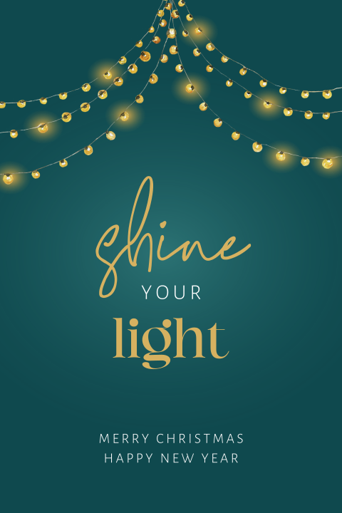 Christelijke kerstkaart Shine your light met lampjes en ronde hoeken