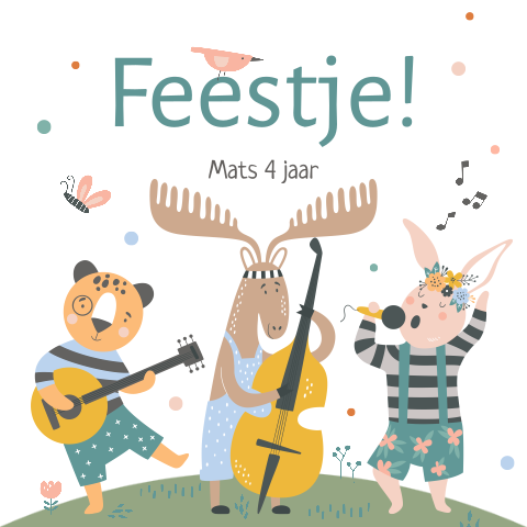Vrolijke uitnodiging kinderfeestje met dieren en muziek