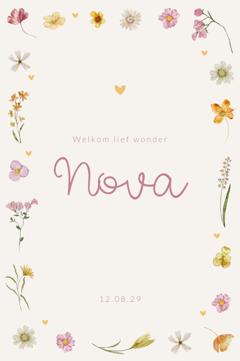 Meisjes geboortekaartje met bloemenkader en hartjes