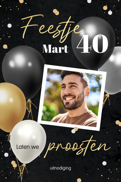 Verjaardag uitnodiging 40 jaar met foto, ballonnen en confetti