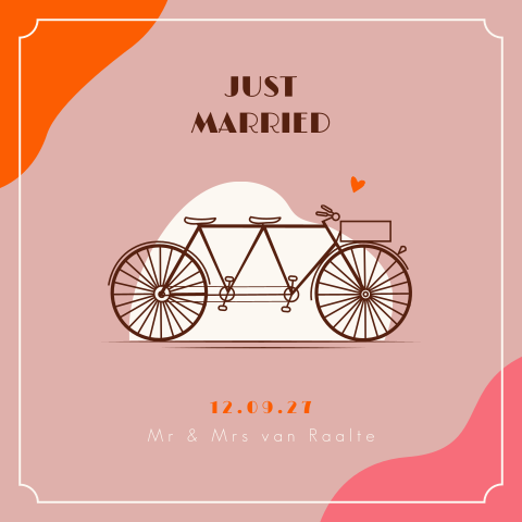 Kleurrijke just married kaart met tandem fiets