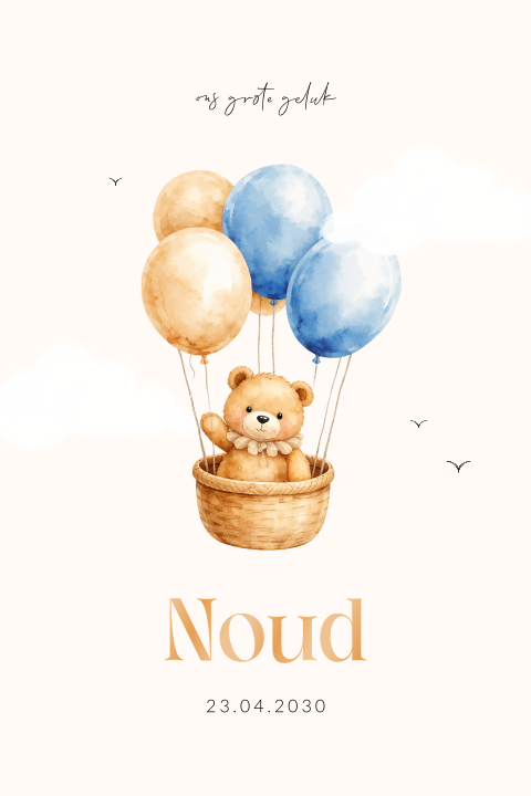 Lief geboortekaartje voor een jongen met beer in luchtballon