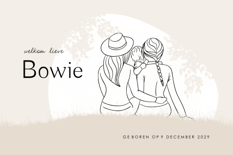 Unisex geboortekaartje lijntekening met lesbisch koppel en baby