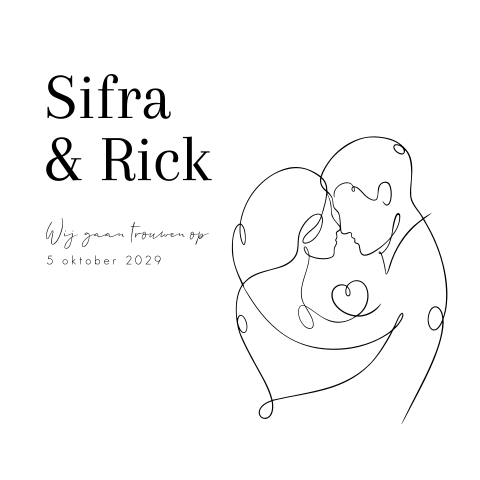 Rustige trouwkaart met lijntekening van een verliefd koppel