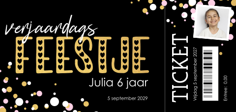 Ticket uitnodiging kinderfeest met confetti en foto