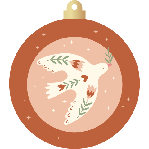 Kerstbal vorm kerstkaart met vredesduif en sterren