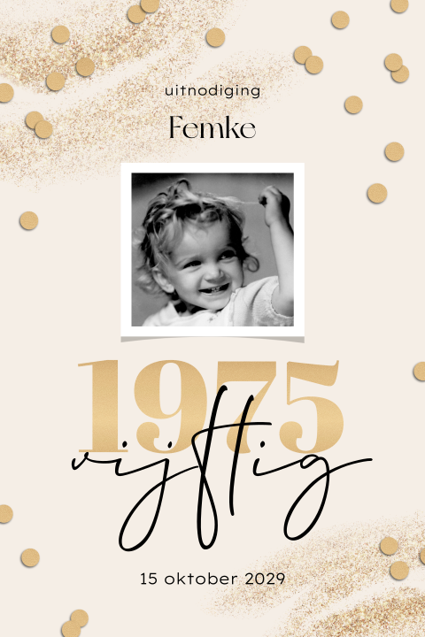 Goudlook 50 jaar verjaardagsuitnodiging met foto en gouden confetti