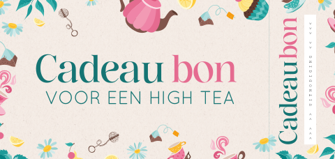 Ticket cadeaubon high tea uitnodiging met theepot, cupcakes en bloemen