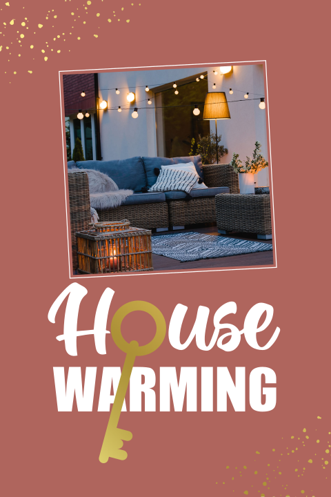 Uitnodiging housewarming met foto en goudfolie sleutel en confetti