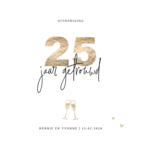 Jubileum 25 jaar in wit met goud en champagne glazen