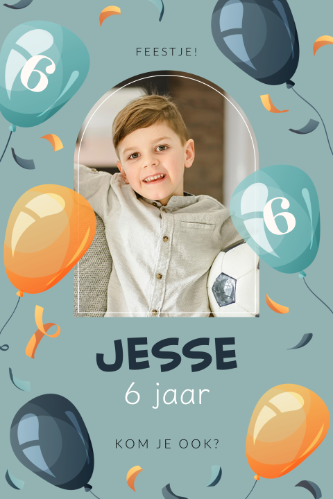 Vrolijke kinderfeest uitnodiging voor een jongen met foto en ballonnen