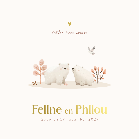 Geboortekaartje tweeling meisjes met foliedruk, ijsberen en vogeltje