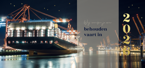 Zakelijke maritiem kerstkaart met foto containerschip en goudfolie
