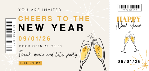 Nieuwjaar uitnodigingsticket borrel met champagne en vuurwerk
