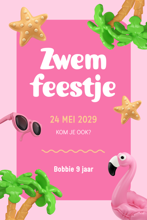 Zomers zwemfeest uitnodiging met palmbomen, flamingo en zonnebril