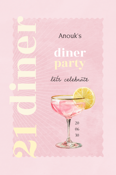 Vrolijke 21 diner party uitnodiging met cocktailglas