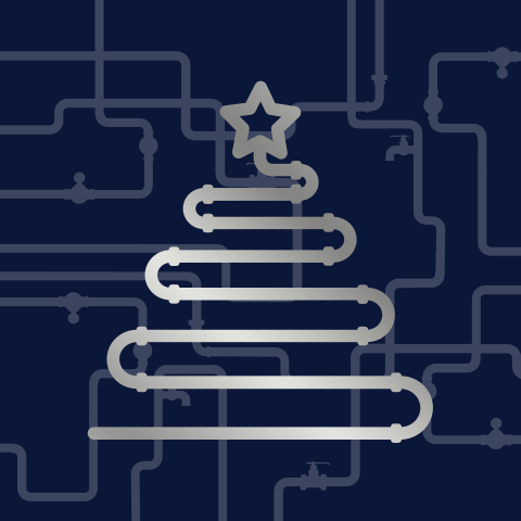 Zakelijke kerstkaart met kerstboom van leidingen in zilverfolie