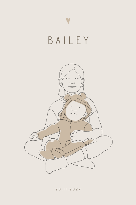 Grote zus unisex geboortekaartje lijntekening met baby op schoot