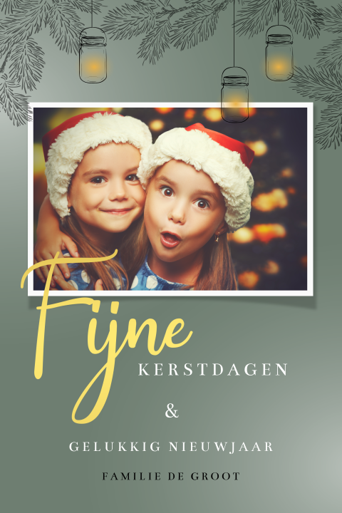 Hippe kerstkaart met foto en lampionnen