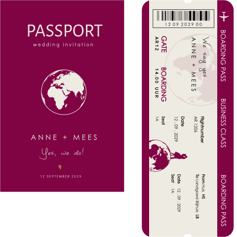 Paspoort wereldbol trouwkaart met vliegticket
