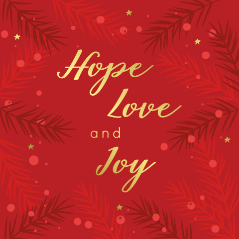 Kerstkaart Christelijk hope love joy met rode achtergrond