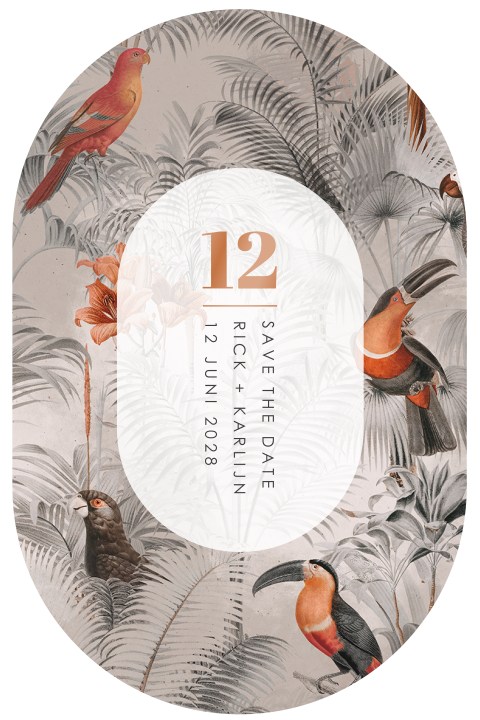Originele Save the Date kaart met tropische vogels en hoogglans