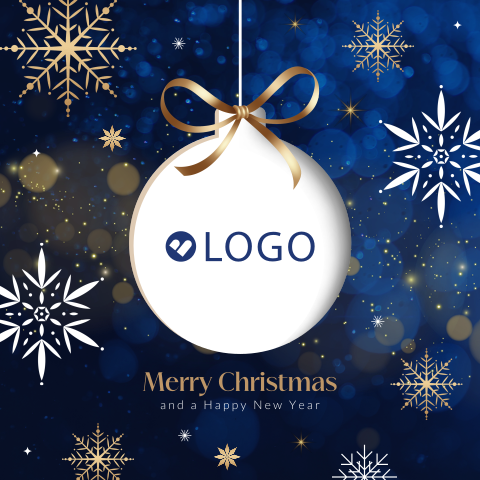 Feestelijke zakelijke kerstkaart met ijskristal, kerstbal en eigen logo