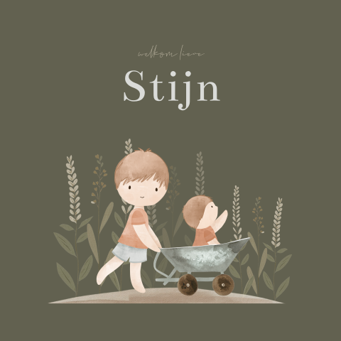 Broertje geboortekaartje met kruiwagen en granen