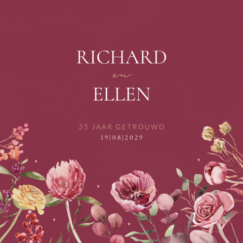 Romantische 25 jaar getrouwd uitnodiging met bloemen en hartjes