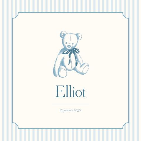Klassiek geboortekaartje met kader en beertje met strikje