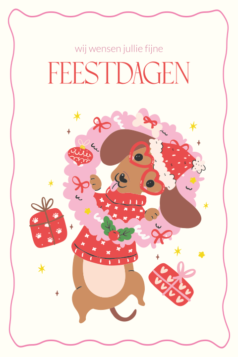 Grappige kerstkaart met een teckel in een kerstkrans