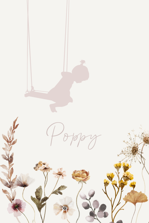 Silhouet geboortekaartje met meisje op schommel en wildflowers
