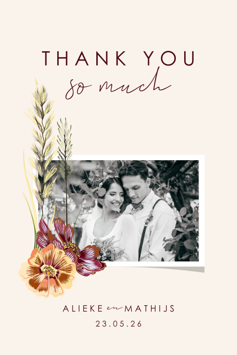 Foto bedankkaart met ronde hoeken en bloemen