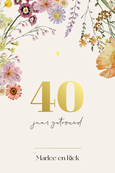 40 jaar getrouwd jubileumuitnodiging met luxe folie en bloemen