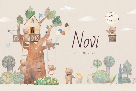 Lief unisex geboortekaartje met berenfamilie in boomhut