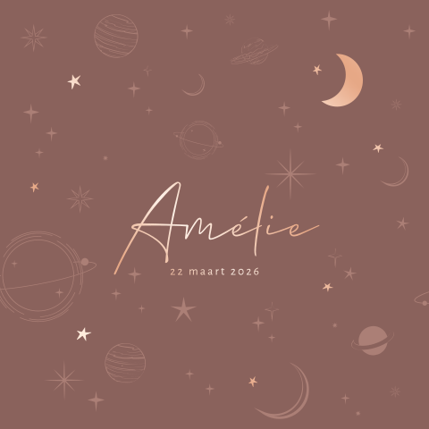 Foliedruk meisjeskaartje met ronde hoeken en elementen uit het heelal