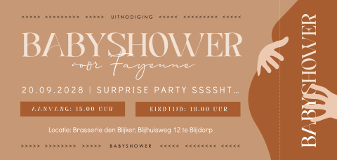 Ticket uitnodiging babyshower surprise party met zwangere buik