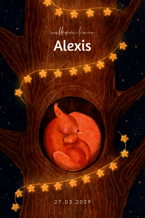 Genderneutraal geboortekaartje met eekhoorn en lampenslinger