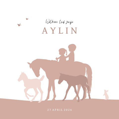 Geboortekaartje silhouet zusje met grote broer op paard