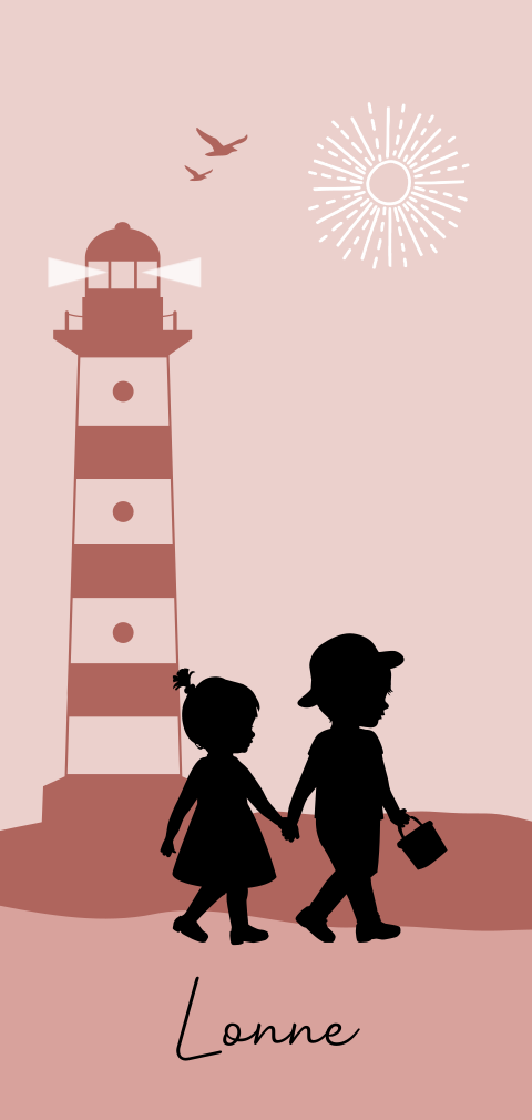 Zusje en broer op strand met vuurtoren silhouet kaartje zomer