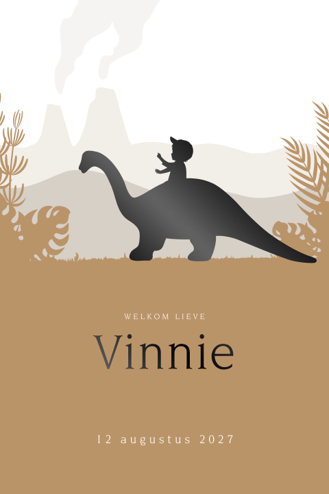 Stoer jongens geboortekaartje met silhouet zoon en dino in zwartfolie