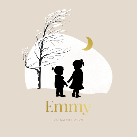 Stijlvol winter geboortekaartje silhouet zus met zusje en goudfolie