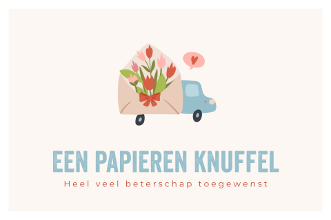 Beterschap wenskaart met een envelop met tulpen auto