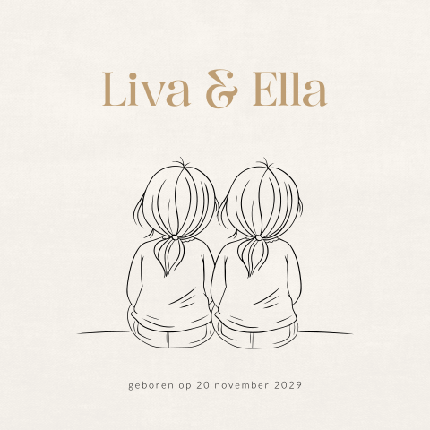 Tweeling zusjes geboortekaartje met lijntekening van twee meisjes