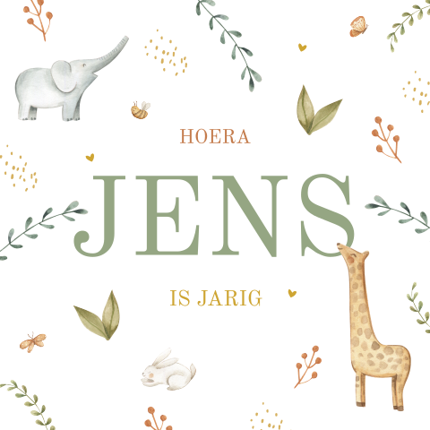 Verjaardagskaart met vrolijke dieren en naam van de jarige