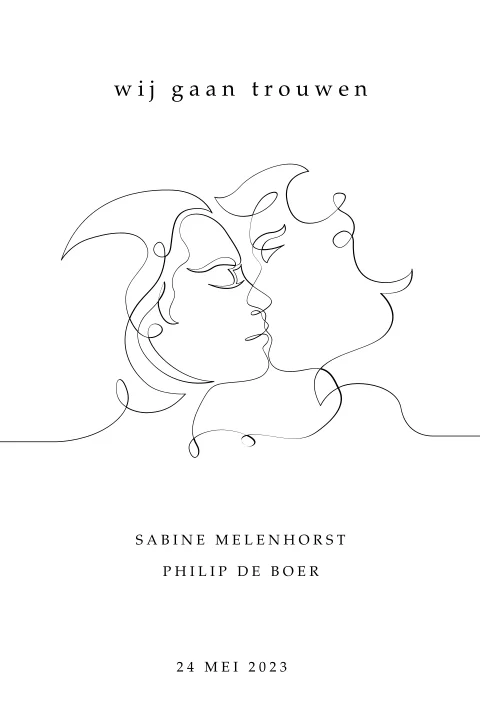 Zwart wit trouwkaart met kussend bruidspaar