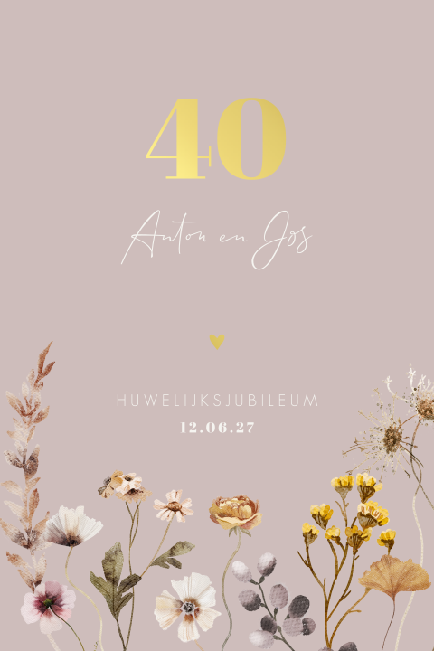 Klassieke jubileum uitnodiging 40 jaar getrouwd met bloemen en folie