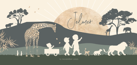 Silhouet kaartje 3 broers op safari met giraffe en leeuw