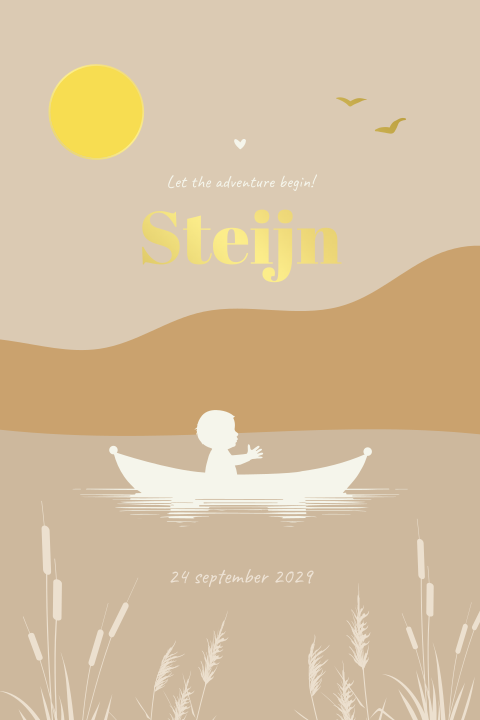 Silhouet jongen geboortekaartje met boot, zon en foliedruk