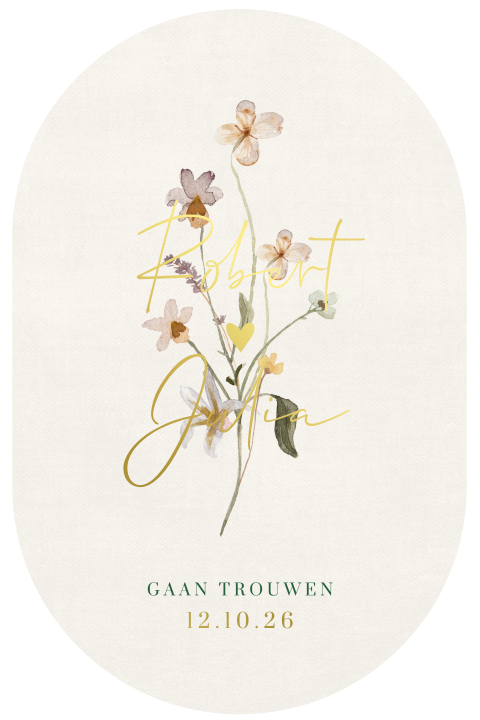 Unieke trouwkaart in aparte vorm met bloemen en foliedruk